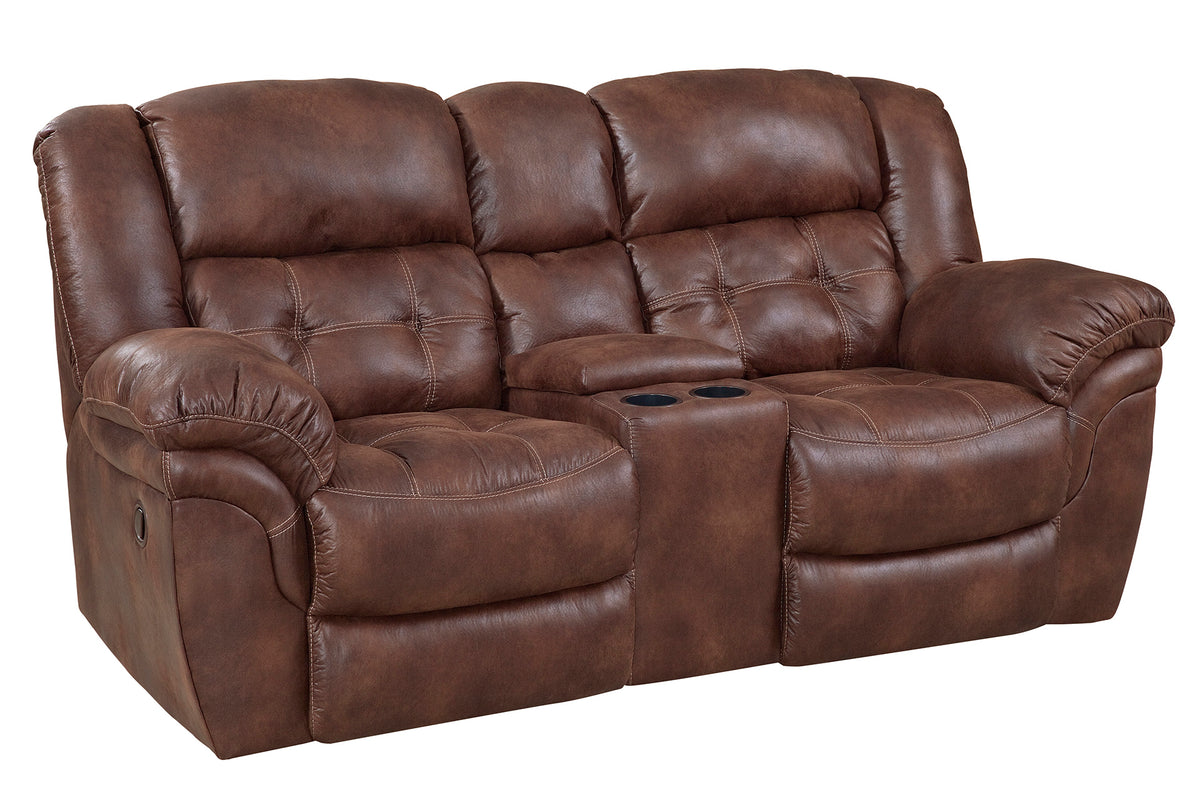 Frontier reclining loveseat with center console, Expresso upholstery, wide armrests, and manual recline levers, shown from a diagonal angle.