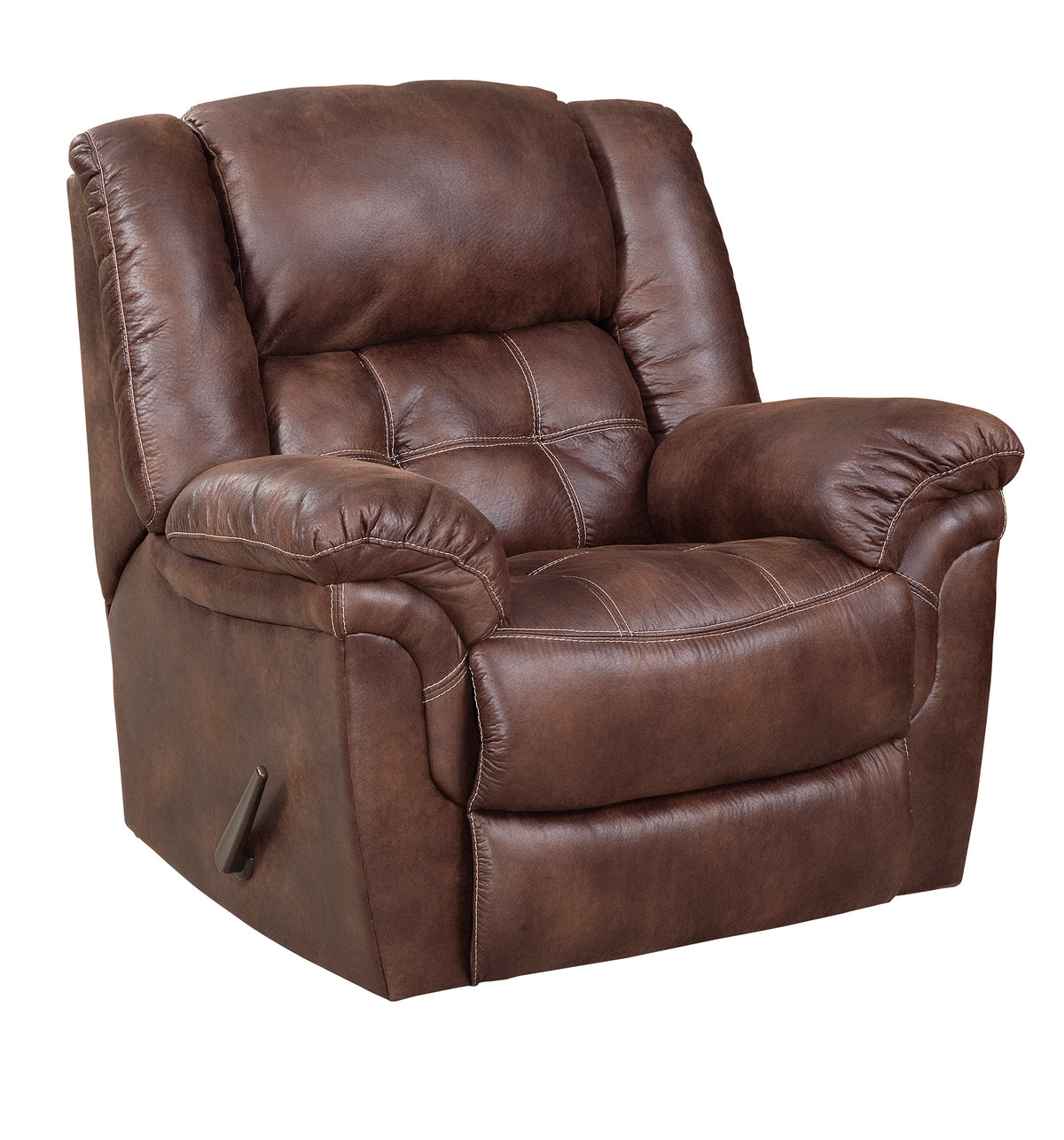 Frontier recliner in Expresso upholstery with wide arms and manual recline lever, shown from a diagonal angle."