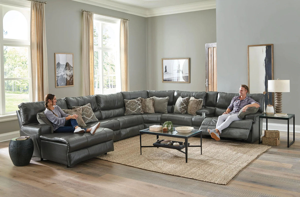 Como - 7 Piece Italian Leather Match Power Reclining Sectional With 2 Lay Flat Reclining Seats - Steel