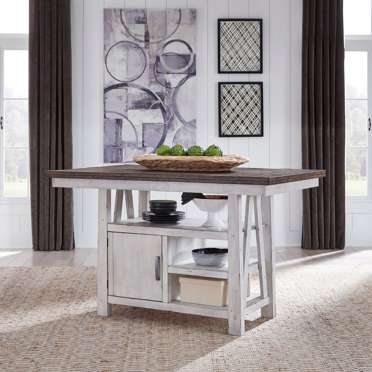 Farmhouse - 5 Piece Gathering Table Set - Two Tone White / Wood Tone