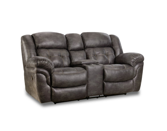 Frontier reclining loveseat with center console, charcoal upholstery, wide armrests, and manual recline levers, shown from a diagonal angle.