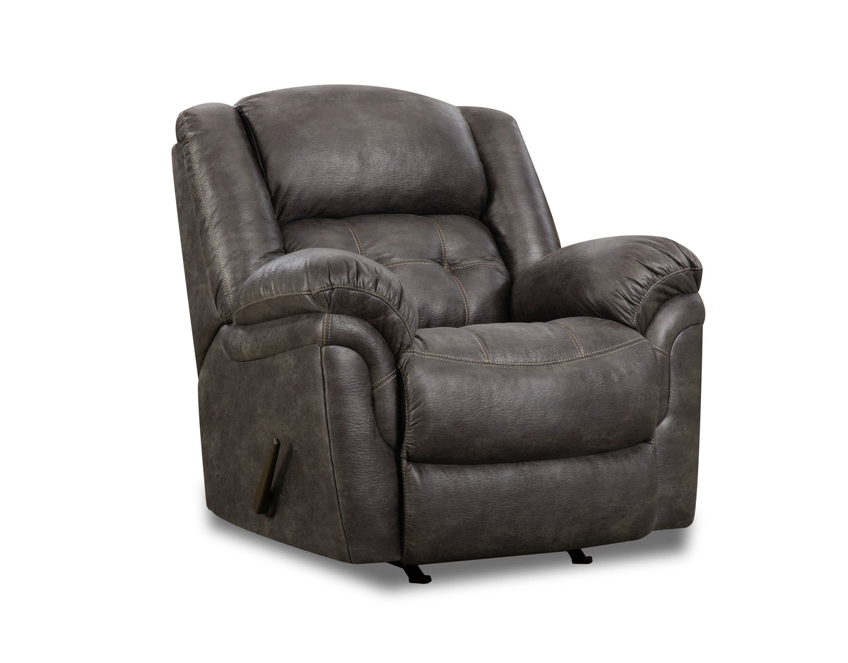 Frontier recliner in charcoal upholstery with wide arms and manual recline lever, shown from a diagonal angle.