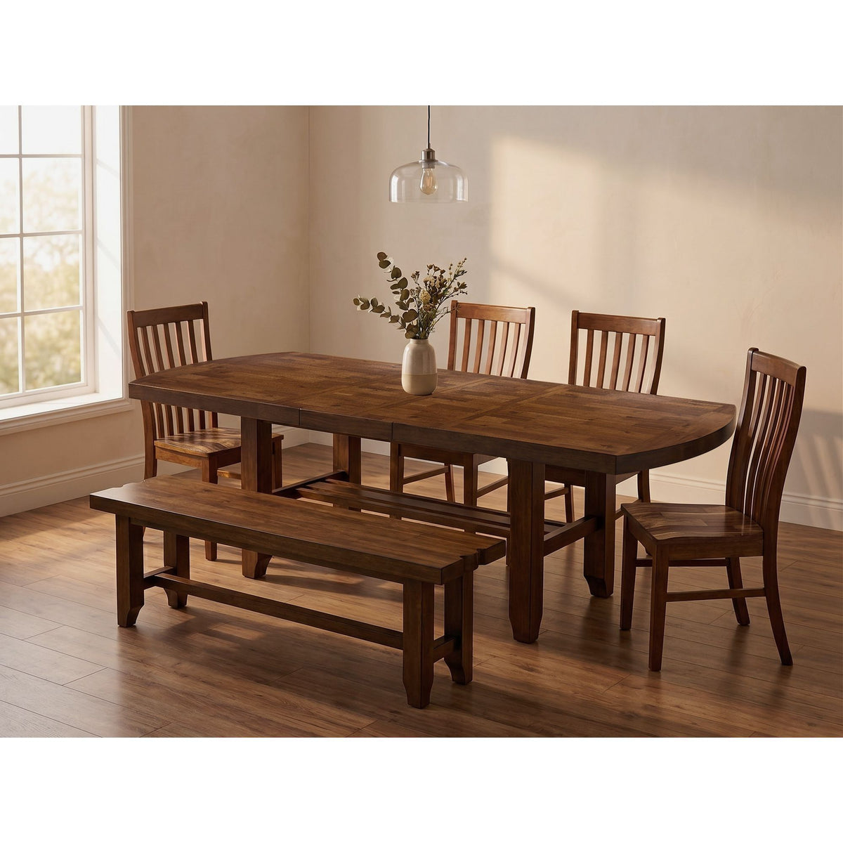 Gage - 6 Piece Standard Height Dining Set (Rectangular Table, Four Chairs & Bench) - Chestnut