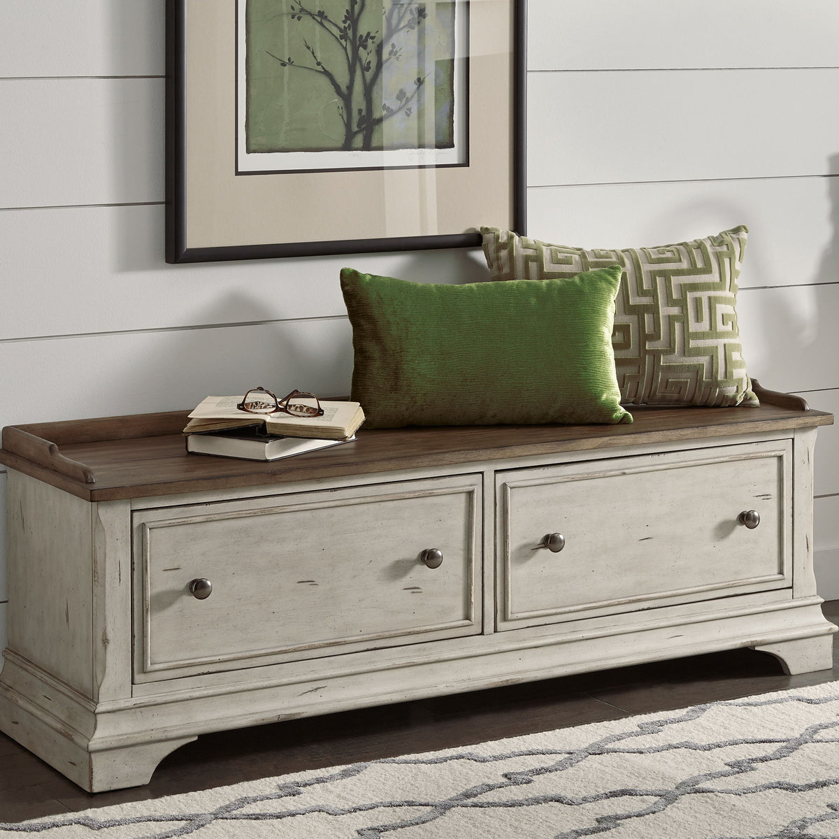 Morgan Creek - Storage Hall Bench - Antique White / Wirebrushed Tobacco Accents
