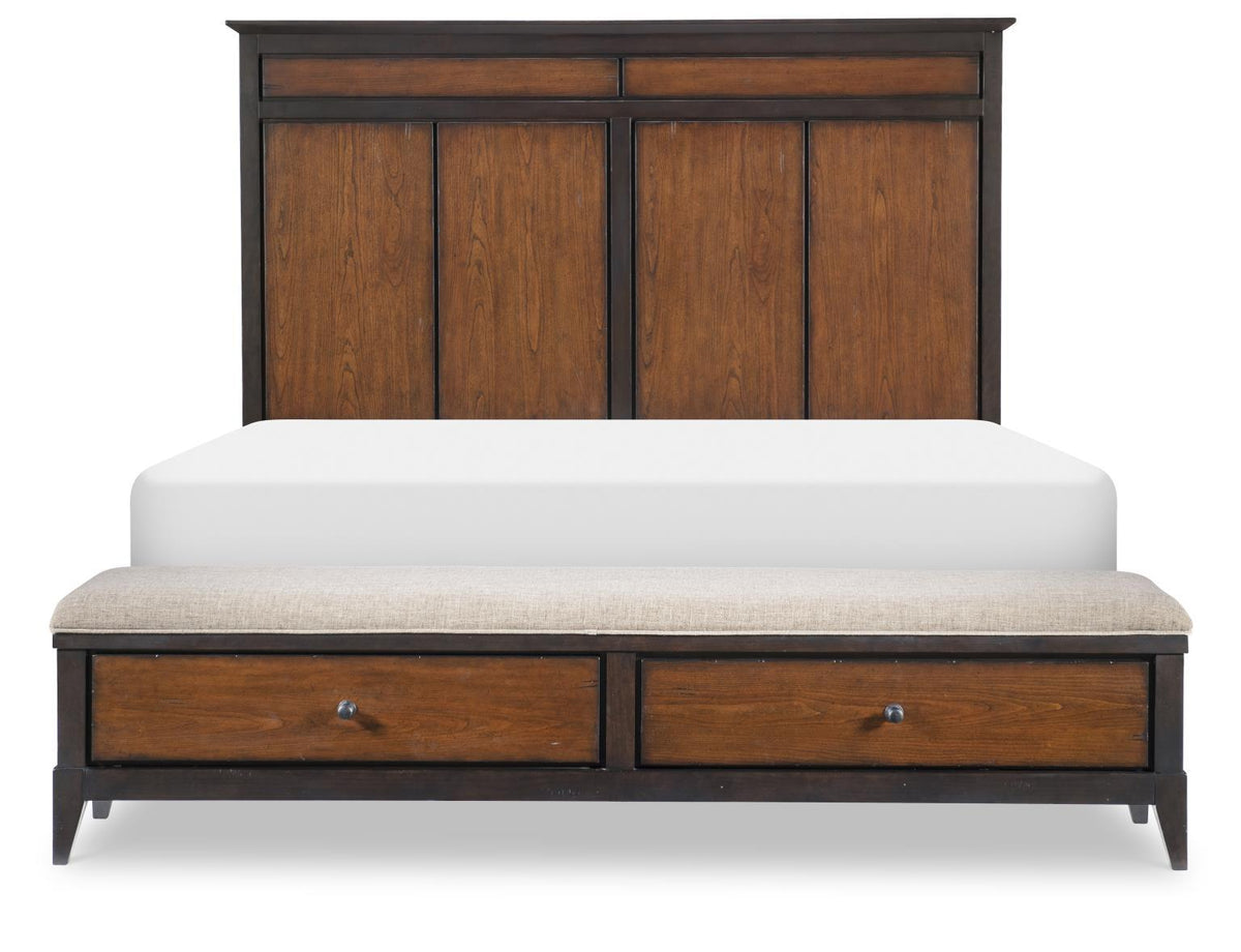 Fenmore - Complete Queen Panel Bed With Storage Bench - Mocha And Distressed Cherry