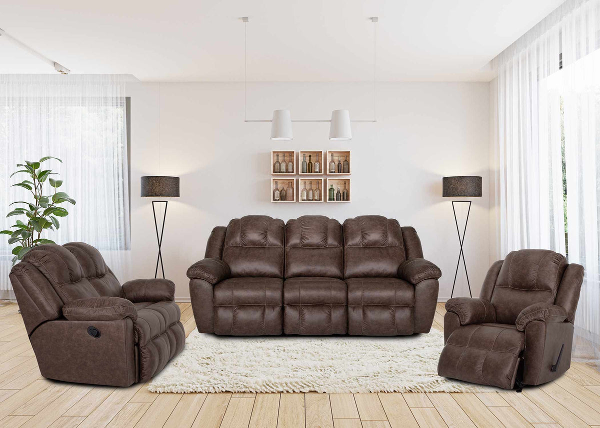 Brown leather reclining sofa set in a living room with decor elements.