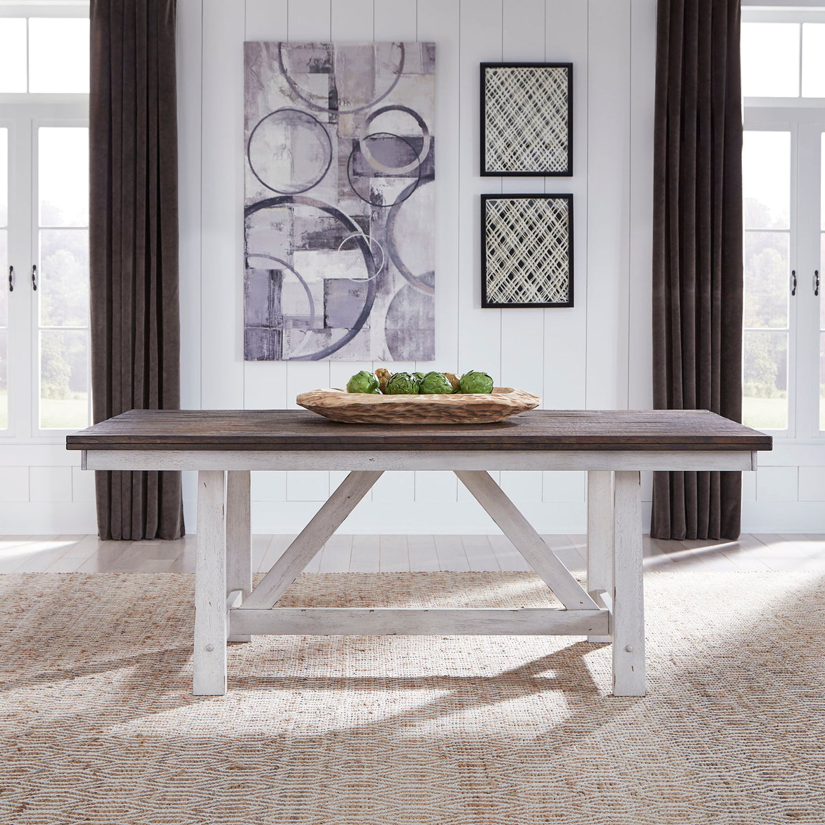 Farmhouse - Fixed Top Trestle Table - Two Tone White / Wood Tone