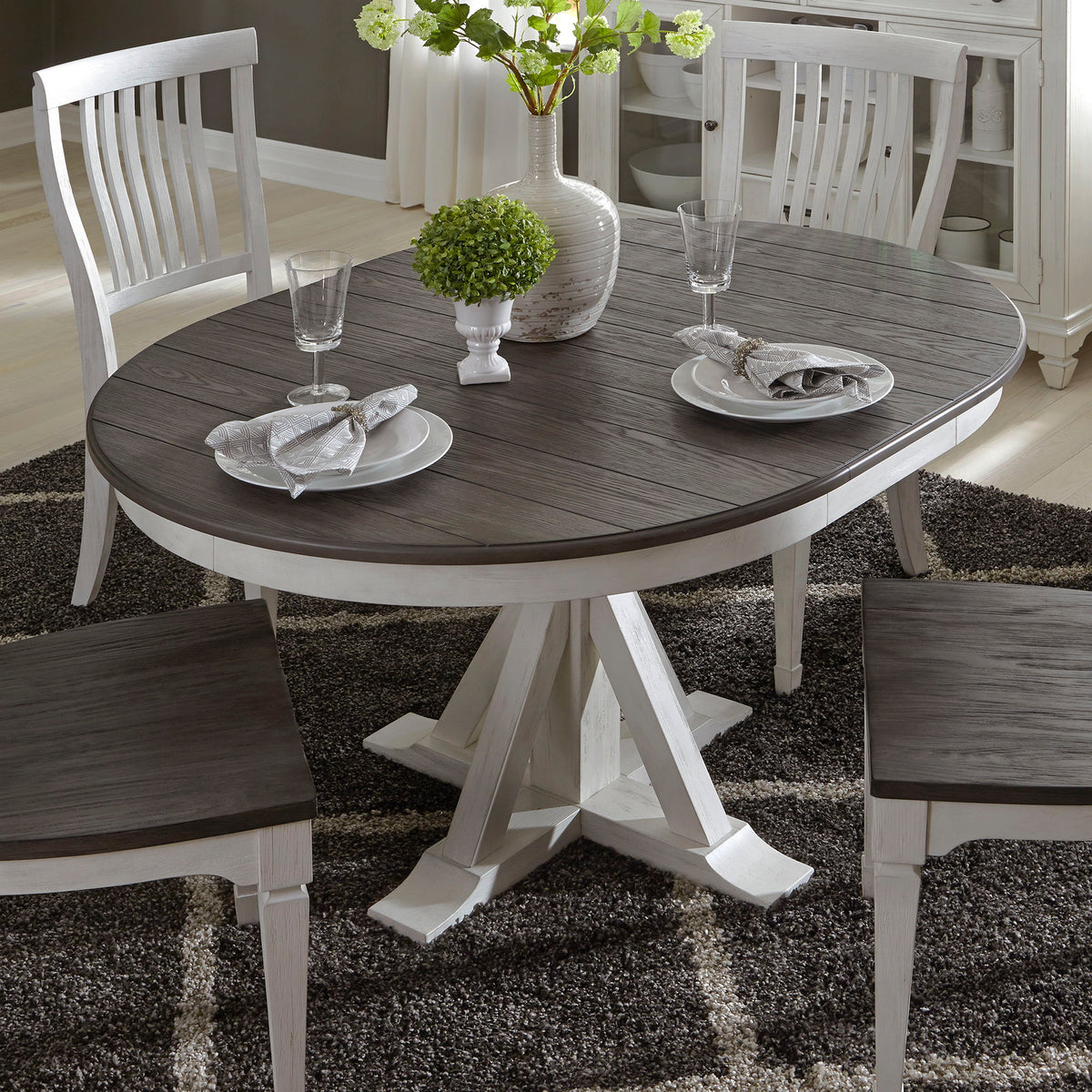 Allyson Park - Single Pedestal Table Top - Wirebrushed White / Charcoal