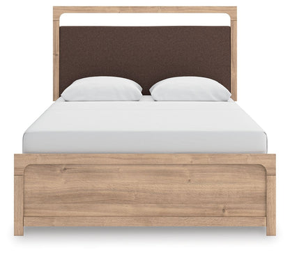 Kinlanni - 3 Pc. - Queen Upholstered Panel Bed, Dresser And Mirror - Tan