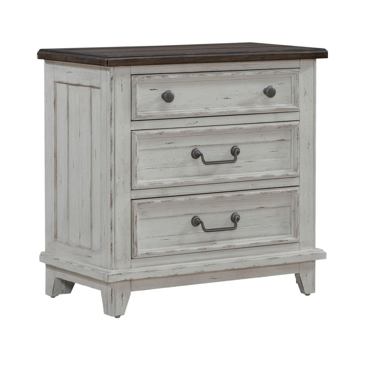 River Place - 3 Drawer Nightstand With Charging Station - Riverstone White & Tobacco