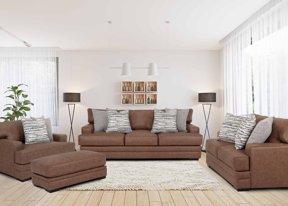 Brown sectional sofa with patterned cushions in a modern living room.