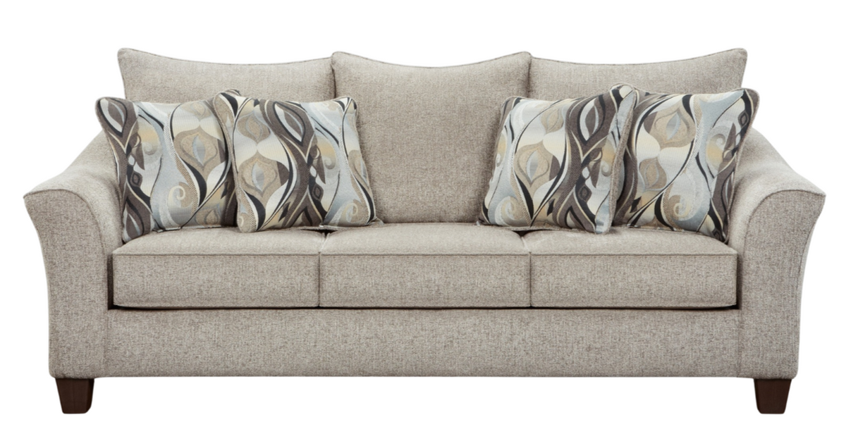 Beige sofa with patterned cushions on a white background