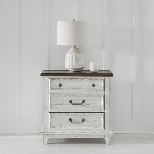 River Place - 3 Drawer Nightstand With Charging Station - Riverstone White & Tobacco