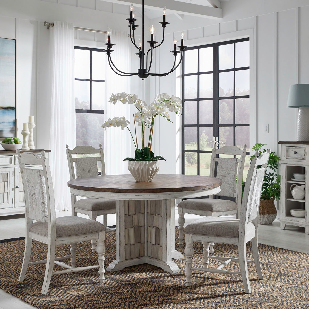 River Place - 5 Piece Pedestal Table Set - Riverstone White & Tobacco