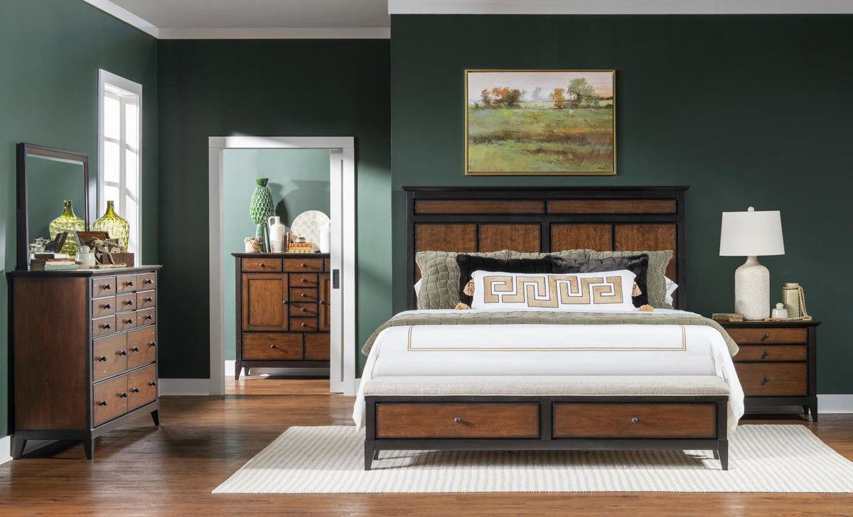 Fenmore - Complete Queen Panel Bed With Storage Bench - Mocha And Distressed Cherry