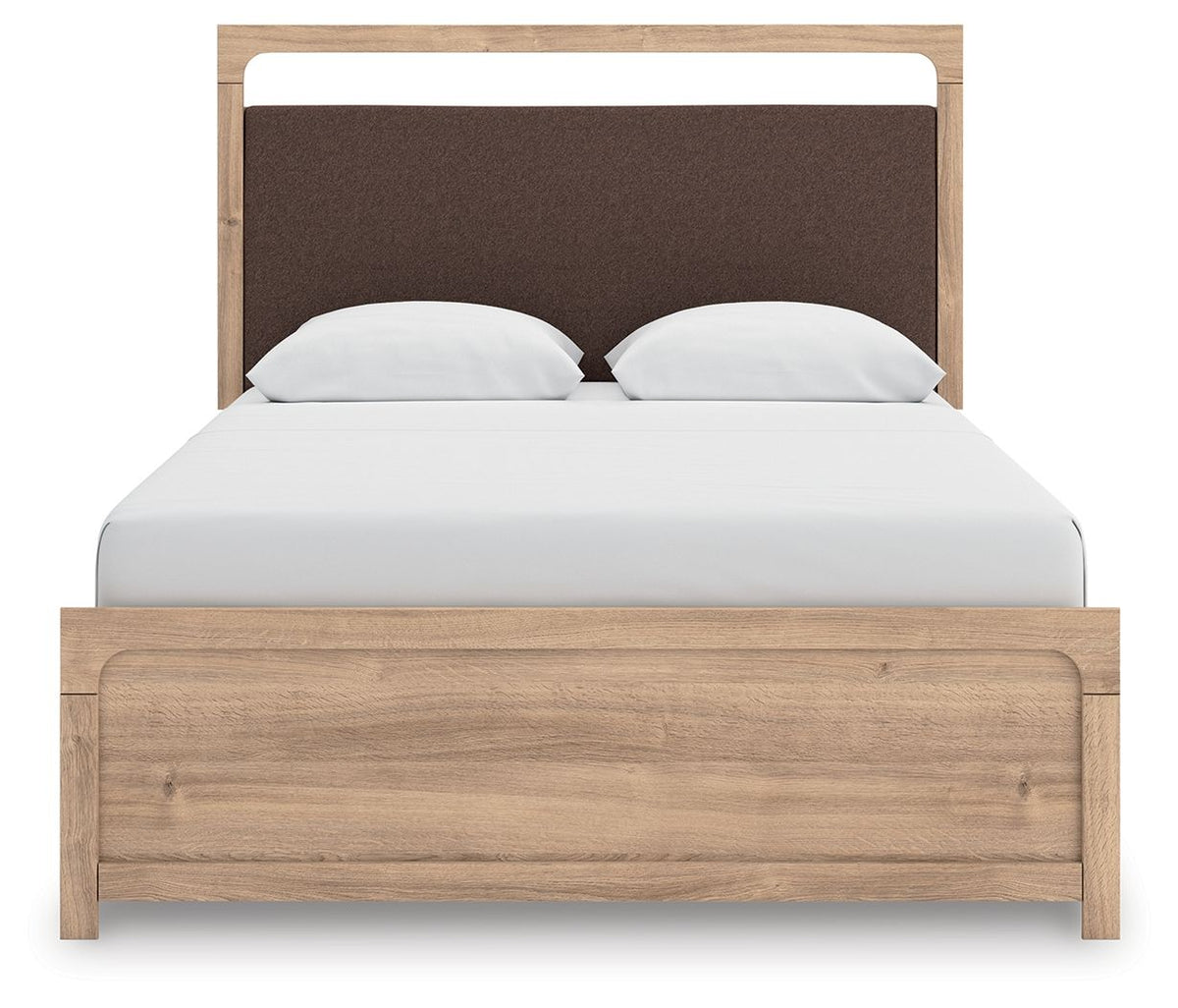 Kinlanni - 3 Pc. - Queen Upholstered Panel Bed With Roll Slats, Dresser And Mirror - Tan