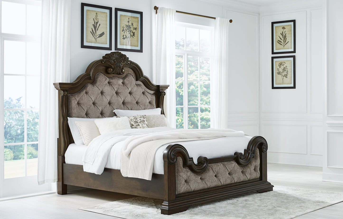 Maylee Queen Upholstered Bed with Mirrored Dresser and Nightstand