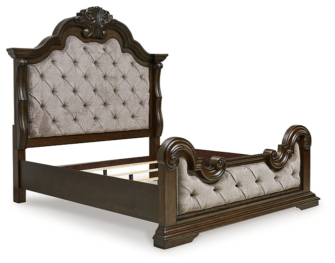 Maylee Queen Upholstered Bed with Mirrored Dresser