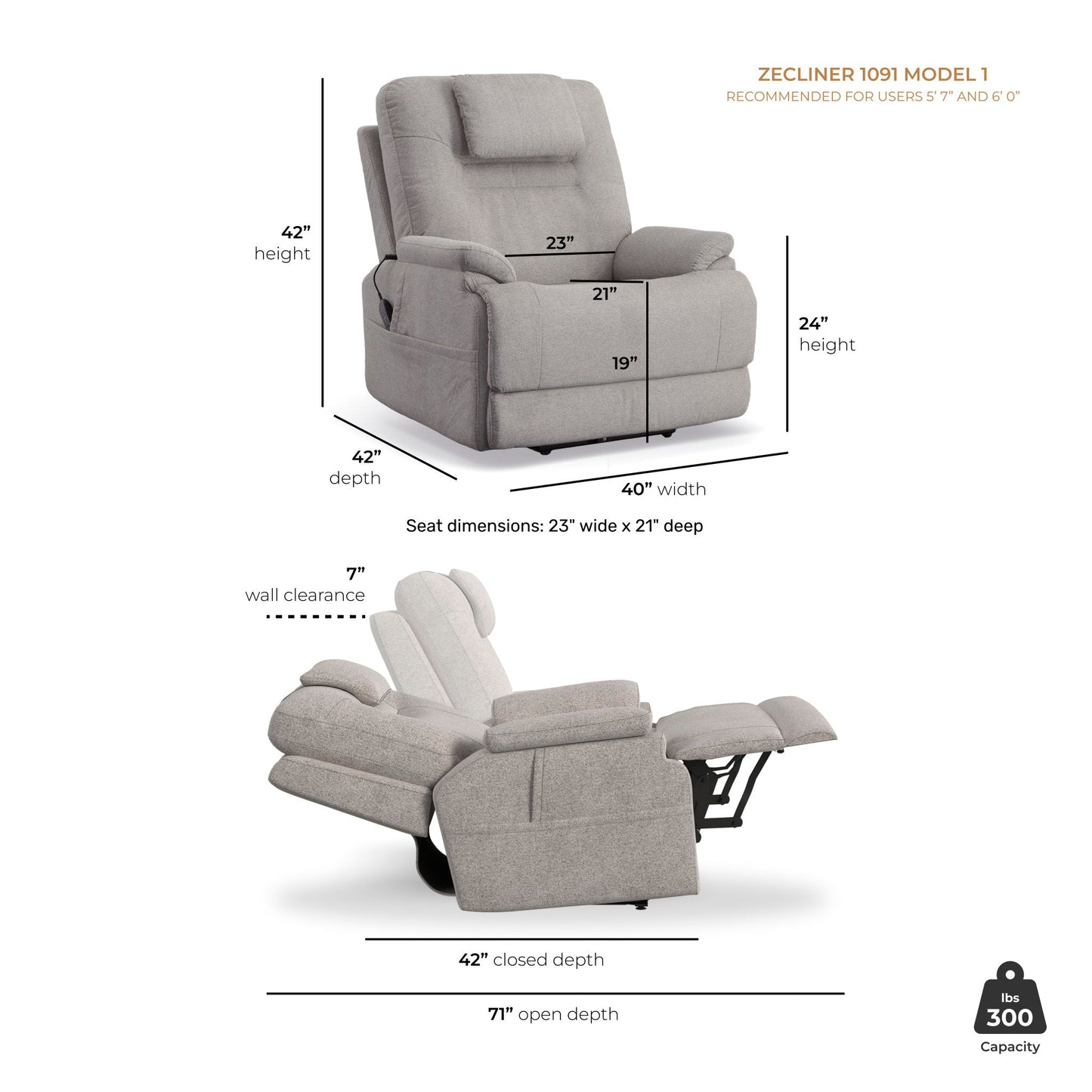 Zecliner Model 1 Dove Fabric Power Sleep Chair