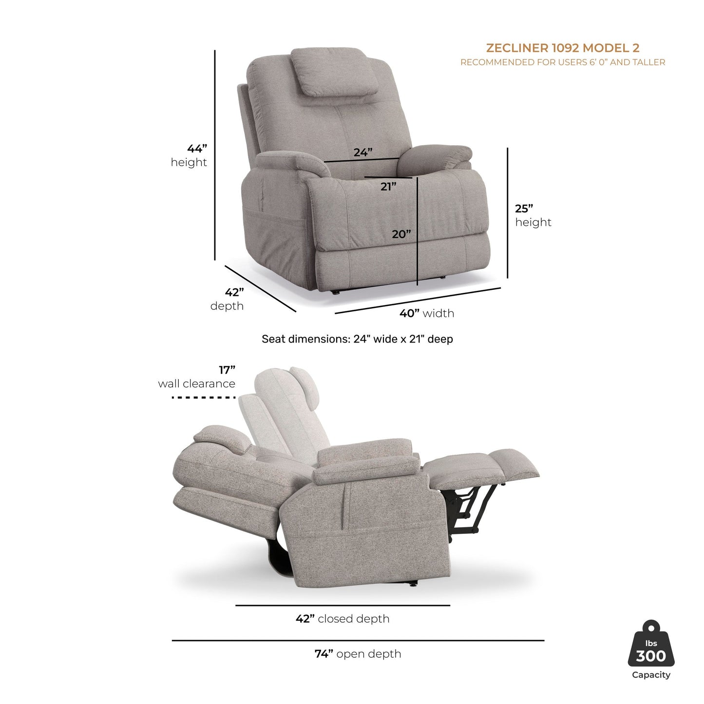 Zecliner Model 2 Dove Fabric Power Lift Sleep Chair