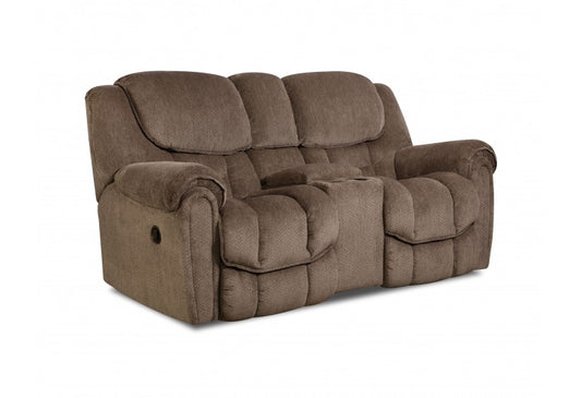 Rocking loveseat with plush chaise support, ergonomic scoop seat, console storage, cup holders, polyester.