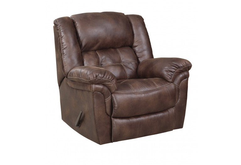 A brown rocker recliner with tufted seats and back, featuring double needle accent stitching and plush leg support.